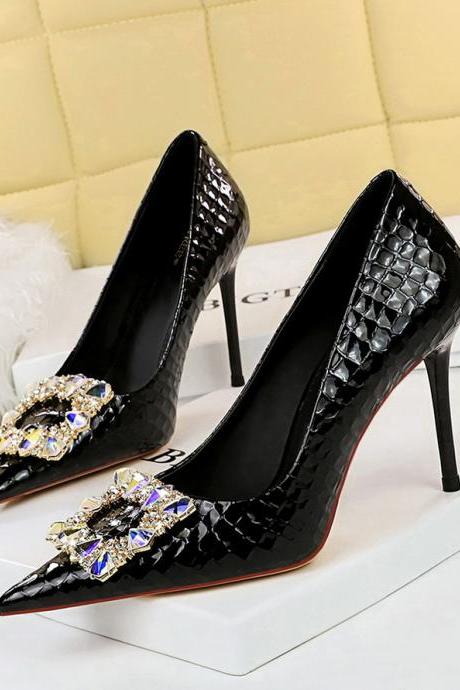 Women's Shoes With Stiletto Heel, Ultra High Heel, Shallow Mouth, Pointed Toe, Metal Rhinestone Buckle Shoes H446