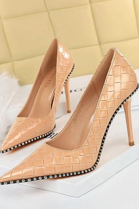 High Heels Women&amp;#039;s Shoes Super High Heels Shallow Mouth Pointed Toe Metal Chain Rivet Shoes Heel 10.5cm H449