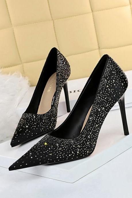 High Heels, Stilettos, Shallow Toes, Pointed Toes, Satin, Sparkling Rhinestones, Women&amp;#039;s Shoes H452