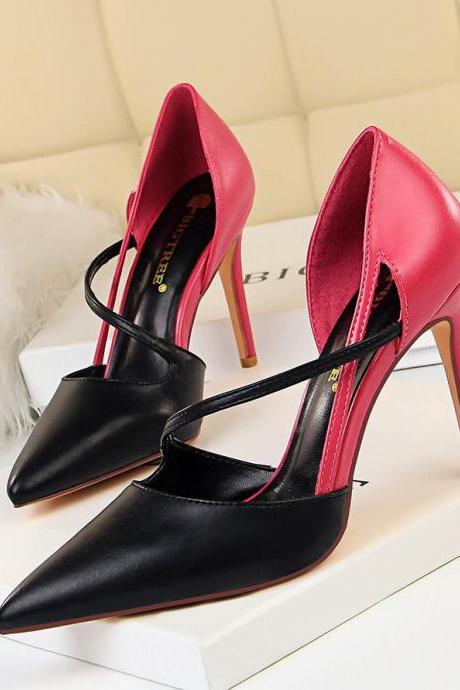 Women&amp;#039;s High-heeled Shoes With Shallow Mouth And Pointed Toe, Color-blocked And Hollow Straps, Slimming Shoes H453