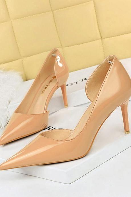 Thin-heeled Shiny Patent Leather Shallow Mouth Pointed Toe Side Hollow High-heeled Shoes For Women H457