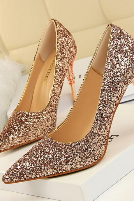 Women&amp;#039;s Shoes Metal Heel Stiletto High Heel Shallow Mouth Pointed Toe Sequin Shoes H458