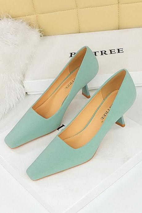 Thin Heel Satin Shallow Mouth Square Toe Women's Shoes Professional Ol Versatile High-heeled Shoes H459