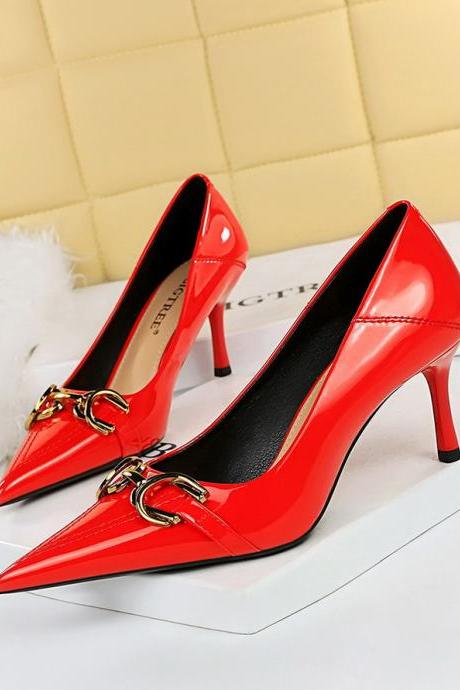 Women&amp;#039;s Shoes, High Heels, Stiletto Heels, Shallow Patent Leather Shoes With Metal Buckle Decoration 7cm H461