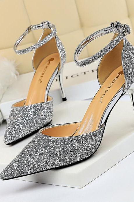 Stiletto High Heel Shallow Mouth Pointed Toe Hollow Sequin Slimming Strappy Women's Sandals Heel 7.5cm H463