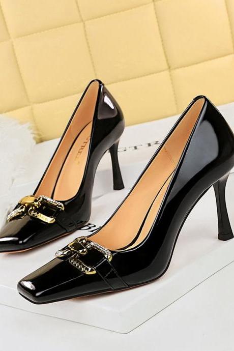 High Heels Women's Stiletto Shiny Patent Leather Shallow Square Toe Metal Rhinestone Buckle Shoes H466