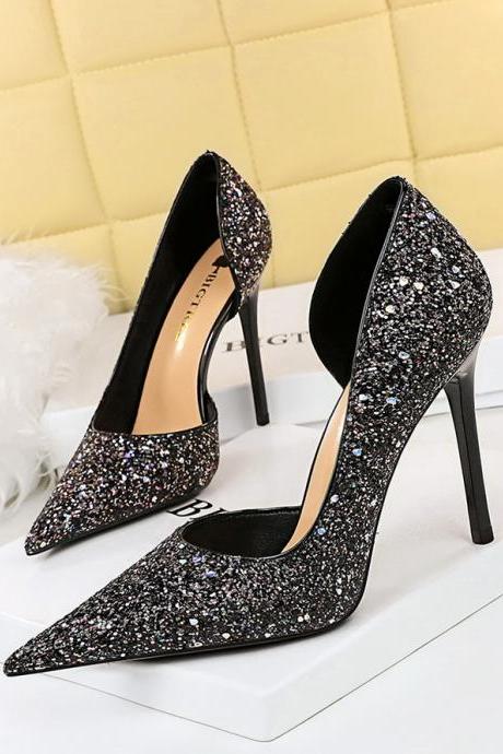Women&amp;#039;s High Heels, Stiletto Heel, Shallow Mouth, Pointed Toe, Side Hollow, Sparkling Sequined Shoes Heel 10.5cm H467