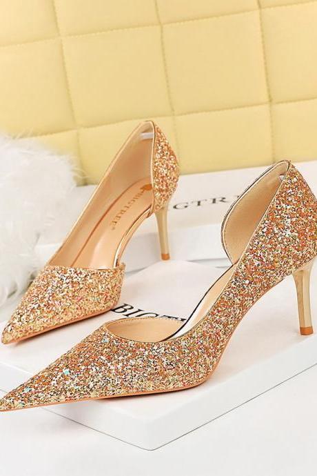 Women's High Heels, Stiletto Heel, Shallow Mouth, Pointed Toe, Side Hollow, Sparkling Sequined Shoes Heel 7cm H468