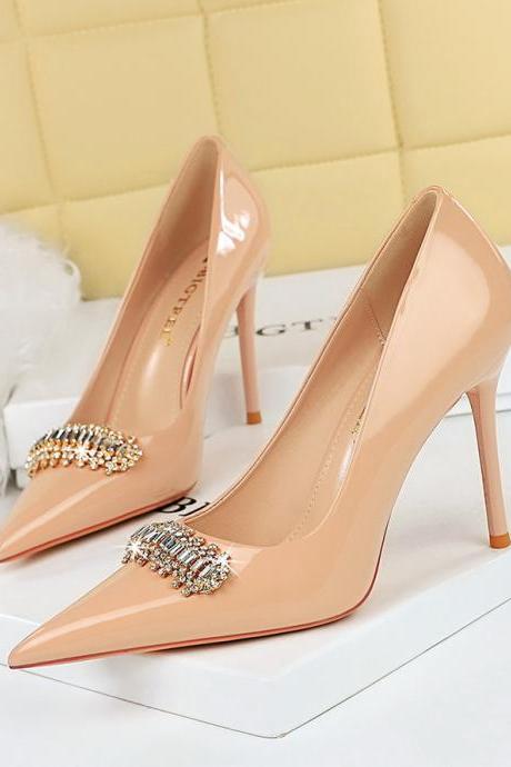 Women's Patent Leather Shallow Pointed Pointed Toe Sparkling Rhinestone Decorated Single Shoes And High Heels H471