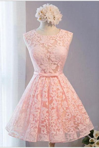 Pink Lace Knee Length Party Dress, Homecoming Dress Short Prom Formal Dress Sa1006