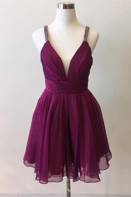 Purple Simple Chiffon Spaghetti Straps Neckline A-line Homecoming Dresses Sa1008