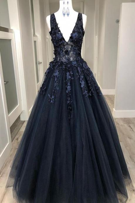 Navy Blue V-neck Tulle Long Prom Dresses With Appliques And Beading,evening Dresses Sa1015