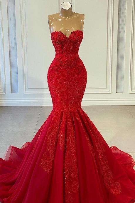 Strapless Red Sleeveless Mermaid Prom Dress With Beadings Evening Dress Sa1016