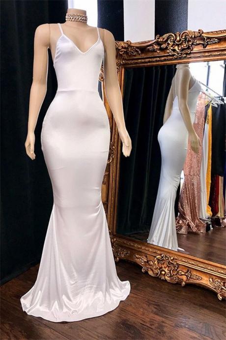 White Elegant Spaghetti-straps Mermaid Prom Dress Long V-neck Sleeveless Sa1017
