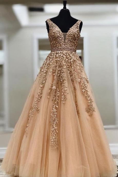 V-neck Long Prom Dress With Appliques And Beading Evening Dress Sa1020