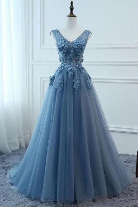 Blue V-neck Tulle Long Prom Dresses With Appliques And Beading Evening Dress Sa1022