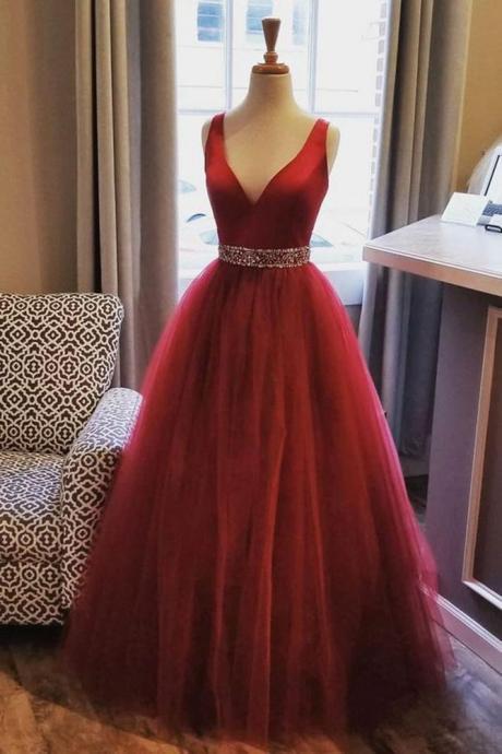 Red V-neck Tulle/satin Long Prom Dresses With Beading Evening Dress Sa1023