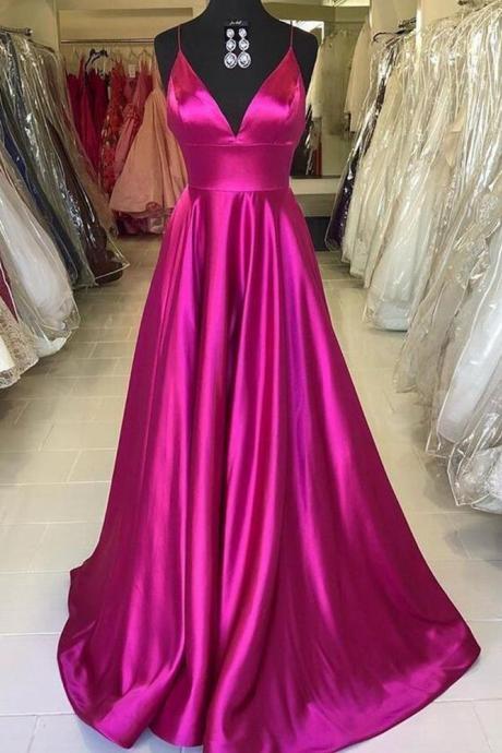 Rose Red V-neck A-line Long Prom Dress Popular Dance Dress Fashion Wedding Party Dress Sa1024