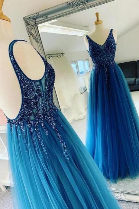 Blue Open Back Long Prom Dress With Beading Fashion Wedding Party Evening Dress Sa1026
