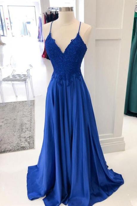 Blue V-neck A-line Long Prom Dresses With Appliques And Beading,evening Dress Party Dress Sa1027