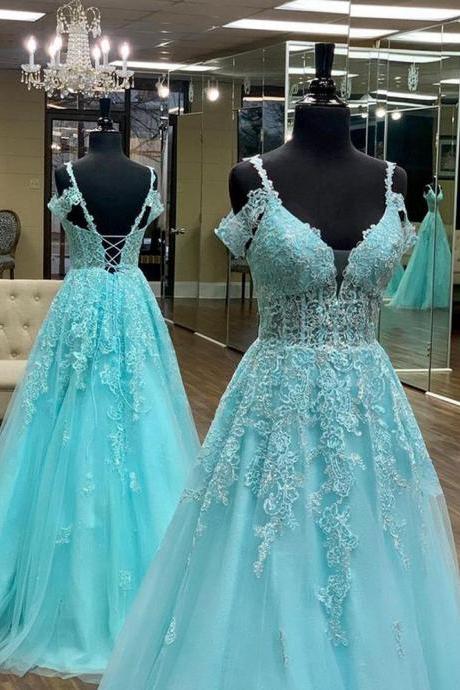 Tulle Long Full Length Prom Dresses With Appliques Evening Party Dresses Sa1029