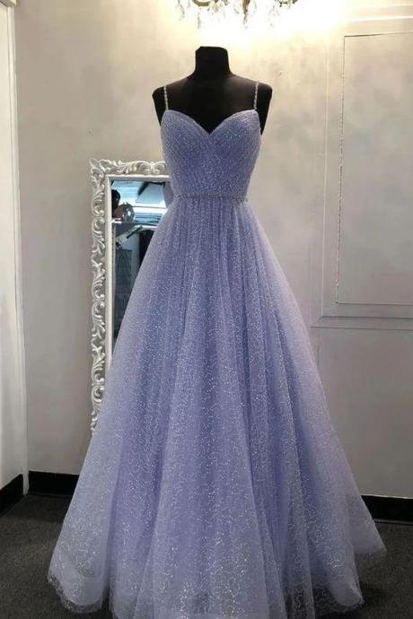 Blue Sparkly Long Prom Dresses With Beading,evening Dress Formal Dresses Sa1032