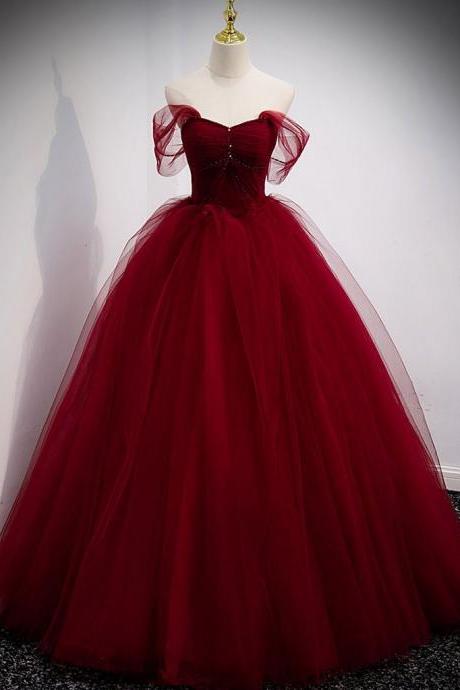 Burgundy Tulle Ball Gown Long Prom Dresses Evening Party Dress Formal Dresses Sa1033