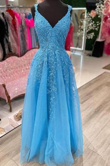 Blue Tulle Long Prom Dresses With Appliques And Beading Evening Dress Formal Dresses Sa1036