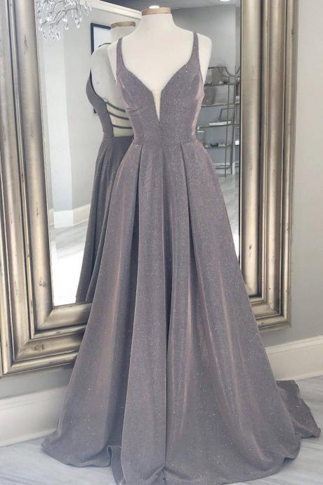 V Neck Grey A-line Long Formal Dress Evening Dress Sa1038