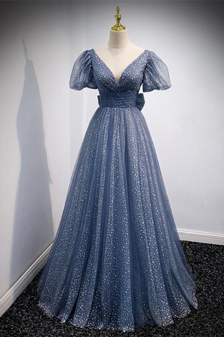 Short Sleeve Blue A-line Polk Dots Bow Long Prom Dress Evening Dress Sa1040