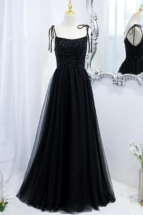 Full Length Black A-line Beaded Tulle Long Formal Dress Evening Dress Sa1041