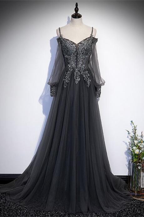 Grey Tulle A-line Long Formal Dress With Long Sleeves Evening Dress Sa1043
