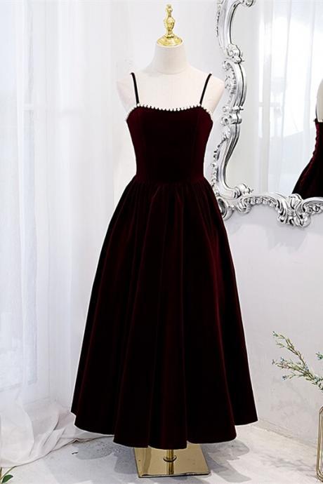 Burgundy Velvet A-line Midi Dress With Spaghetti Straps Prom Dress Sa1044