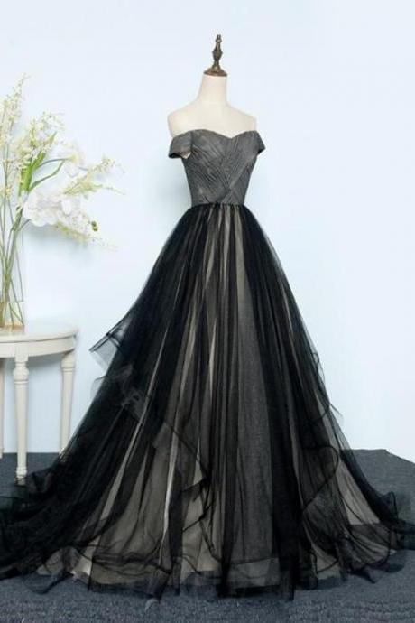 Black Tulle Off Shoulder Floor Length Gown Black Evening Dresses Sa1051