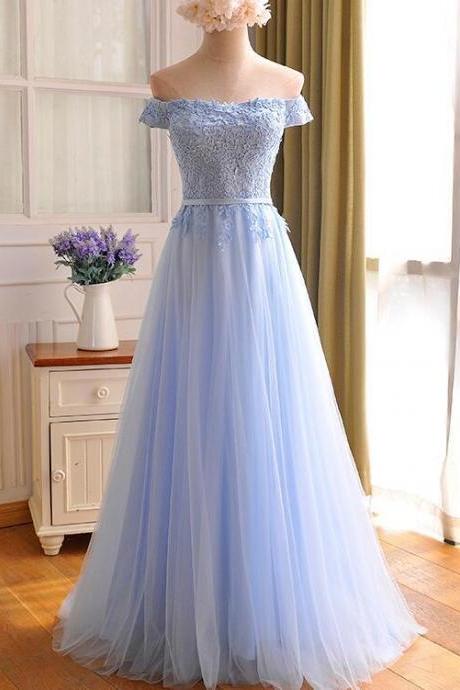 Light Blue Lace Applique Top Long Party Prom Dress Off Shoulder Bridesmaid Dress Sa1055