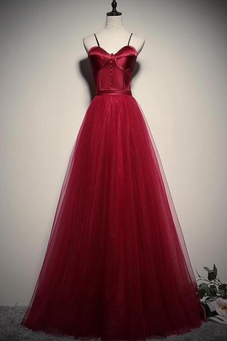 Dark Red Straps Tulle Long Party Prom Dress, A-line Formal Dress Sa1058