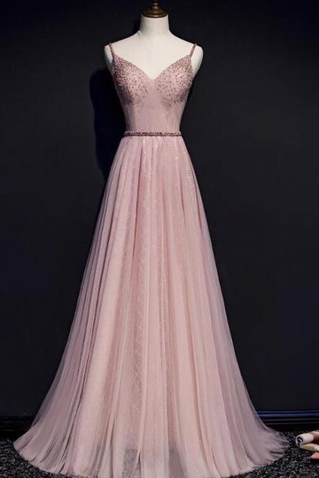 Pink V-neckline Beaded Tulle Prom Dress Evening Party Gown Sa1059