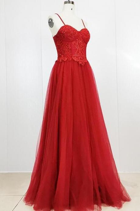 Tulle Sweetheart Straps Long Party Evening Gown, Red Prom Dress Sa1060