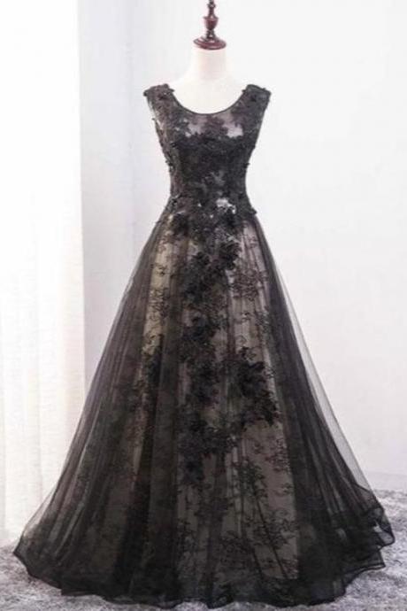 Black Tulle And Lace Round Neckline A-line Evening Party Dress Wedding Party Dress Sa1063