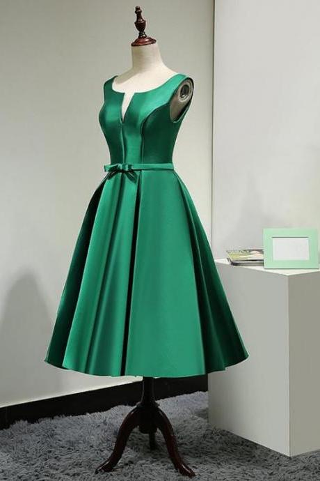 Short Green Satin Tea Length Bridesmaid Dress, Lovely Green Homecoming Dress Sa1064