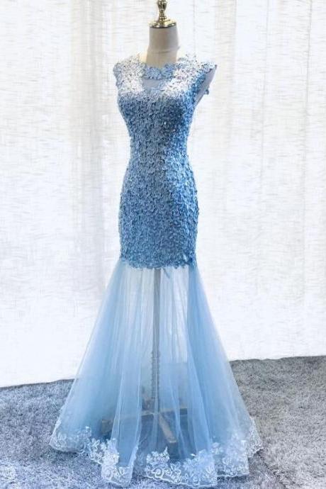 Blue Lace Mermaid Tulle Long Prom Dress, Round Neckline Lace-up Party Dress Sa1065