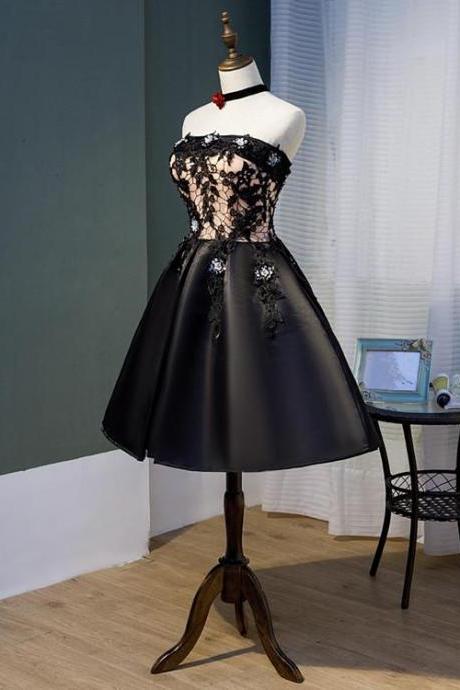 Black Satin With Lace Applique Homecoming Dress Knee Length Prom Dress Sa1067