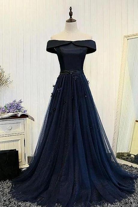 Navy Blue Off Shoulder Tulle Long Evening Party Dress A-line Floor Length Prom Dress Sa1068