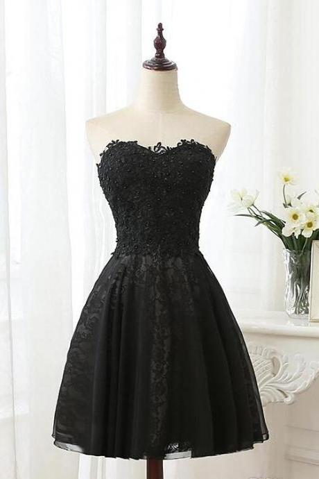 Black Sweetheart Lace And Beaded Homecoming Dress, Black Short Party Dress Sa1069