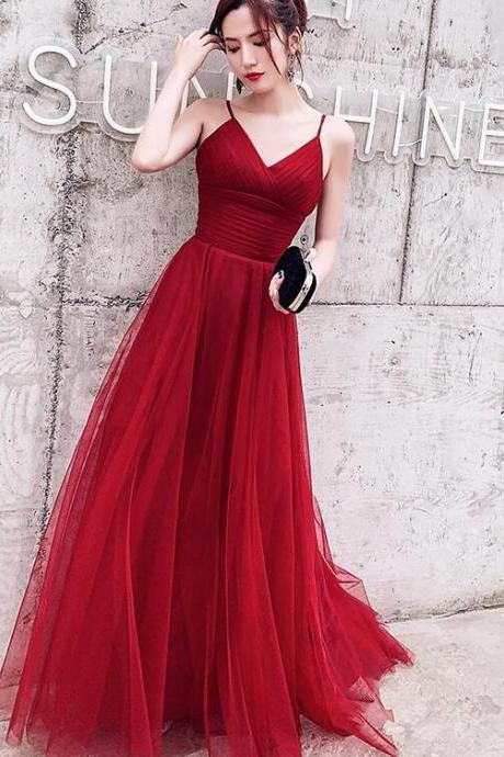 Wine Red Simple Low Back Straps Tulle Prom Dress, Dark Red Formal Dress Party Dress Sa1073