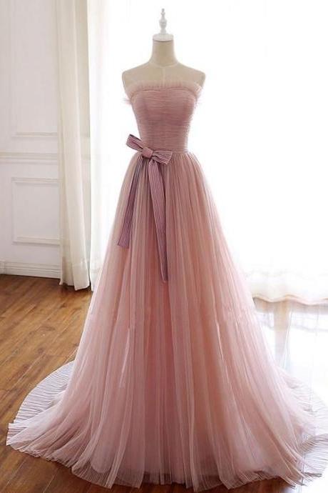 Pink Scoop Tulle Long Wedding Evening Party Dress With Bow Pink Long Formal Dress Sa1074