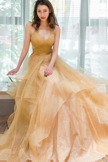 Light Champagne V-neckline Layers Straps Shiny Tulle Party Dress Evening Gown Formal Dress Sa1076