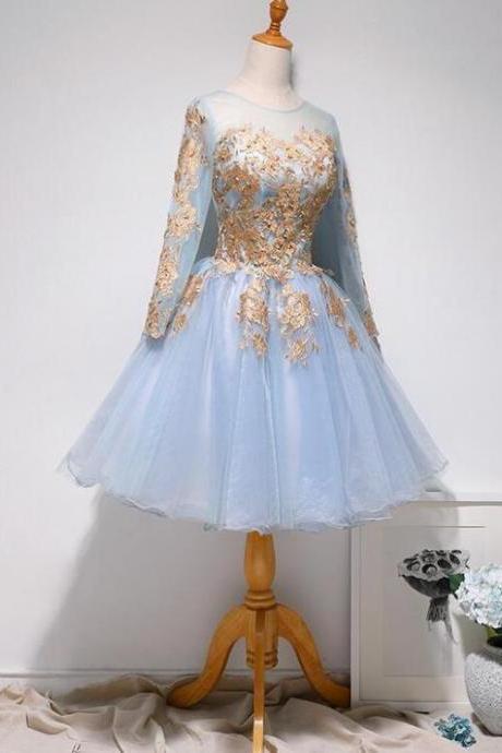 Light Blue Long Sleeves With Gold Lace Cute Homecoming Dress Short Prom Dress Sa1079