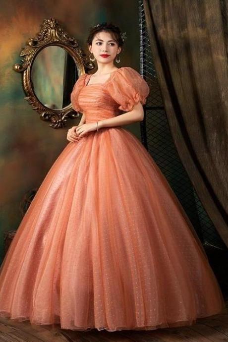 Organge Cute Short Sleeves Vintage Prom Party Dress, Cute Ball Gown Formal Evening Dress Sa1082
