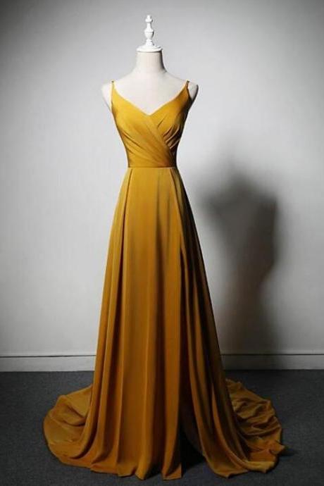 Goleden V-neckline Straps Long Party Dress Long Evening Dress Prom Dress Sa1084